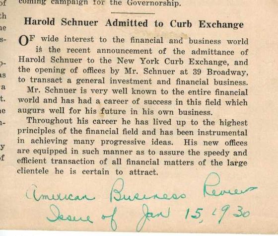 Harold Schnuer admitted to the New York Curb Exchange, with new offices at 39 Broadway.