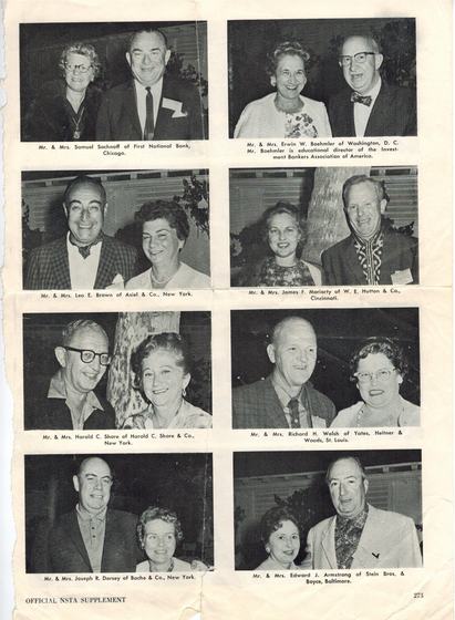 Page 273 of an Official NSTA Supplement: eight couples at a convention. Harold and Mae are third row, left: "Mr. & Mrs. Harold C. Shore of Harold C. Shore & Co., New York."