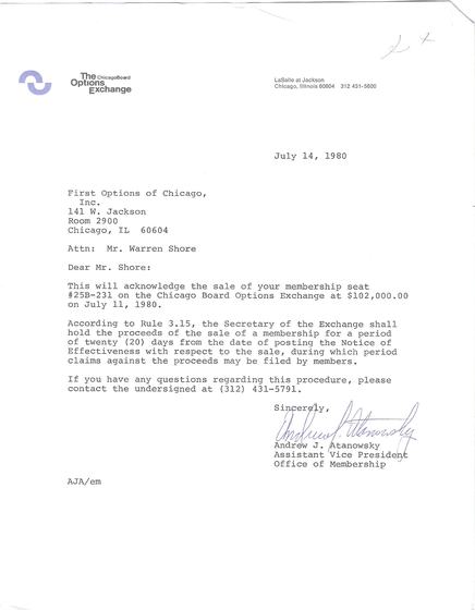 Letter from the Chicago Board Options Exchange acknowledging the sale of Warren Shore's membership seat on July 11, 1980. Addressed to Warren at First Options of Chicago, Inc.