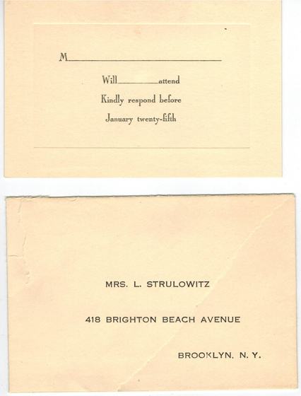 The reply card and envelope from the wedding invitation. The card asks guests to respond before January twenty-fifth. The envelope is addressed to Mrs. L. Strulowitz, Mae's grandmother, at Brighton Beach Avenue, Brooklyn.