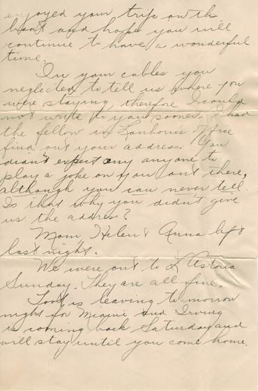 Page 2 of 3: Frances hopes they enjoyed the trip on the boat. Their cables did not give an address, so she had someone in the office find it. Family news follows.