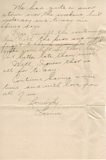 Page 3 of 3: news of a snowstorm over the weekend, thanks for the gifts Mae left on the children’s bed, and “with love from all of us, Lovingly, Frances.”