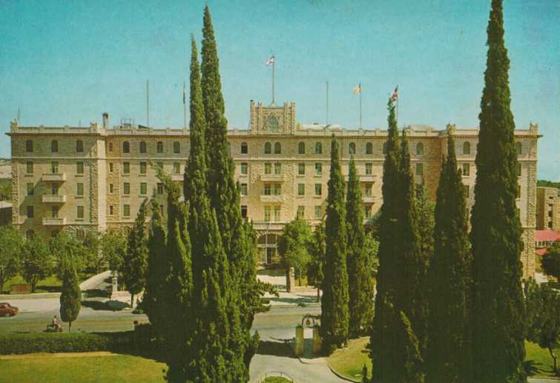 Color postcard of the King David Hotel, Jerusalem, with cypress trees in the foreground. The family says Harold and Mae stayed here.